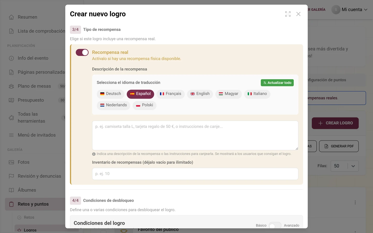 Sección 3/4 Tipo de recompensa con el interruptor Recompensa real activado, descripción de la recompensa e inventario de recompensas