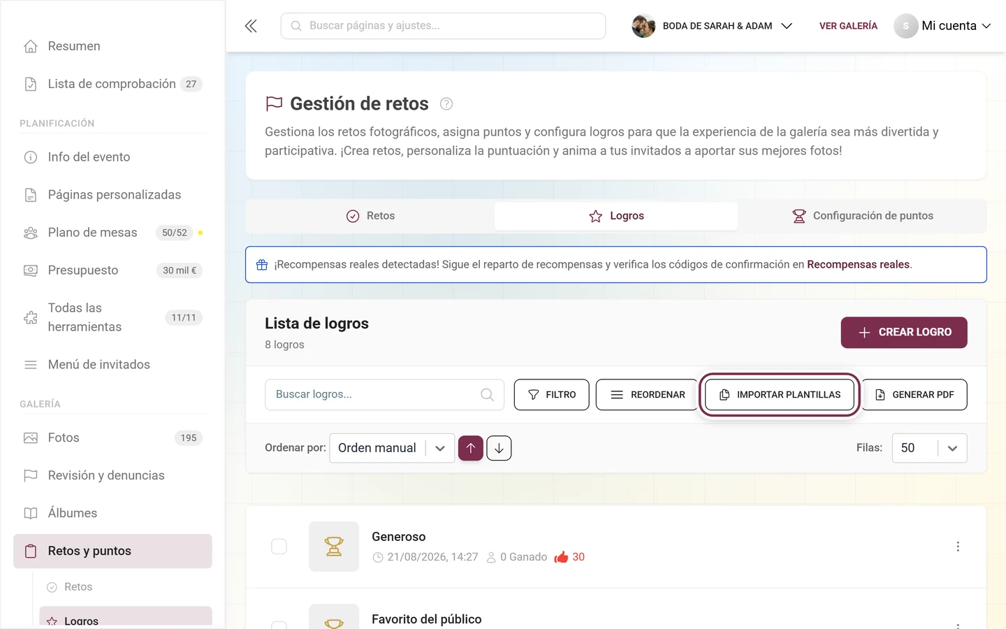 Barra de herramientas de la gestión de logros con el botón Importar plantillas marcado en rojo