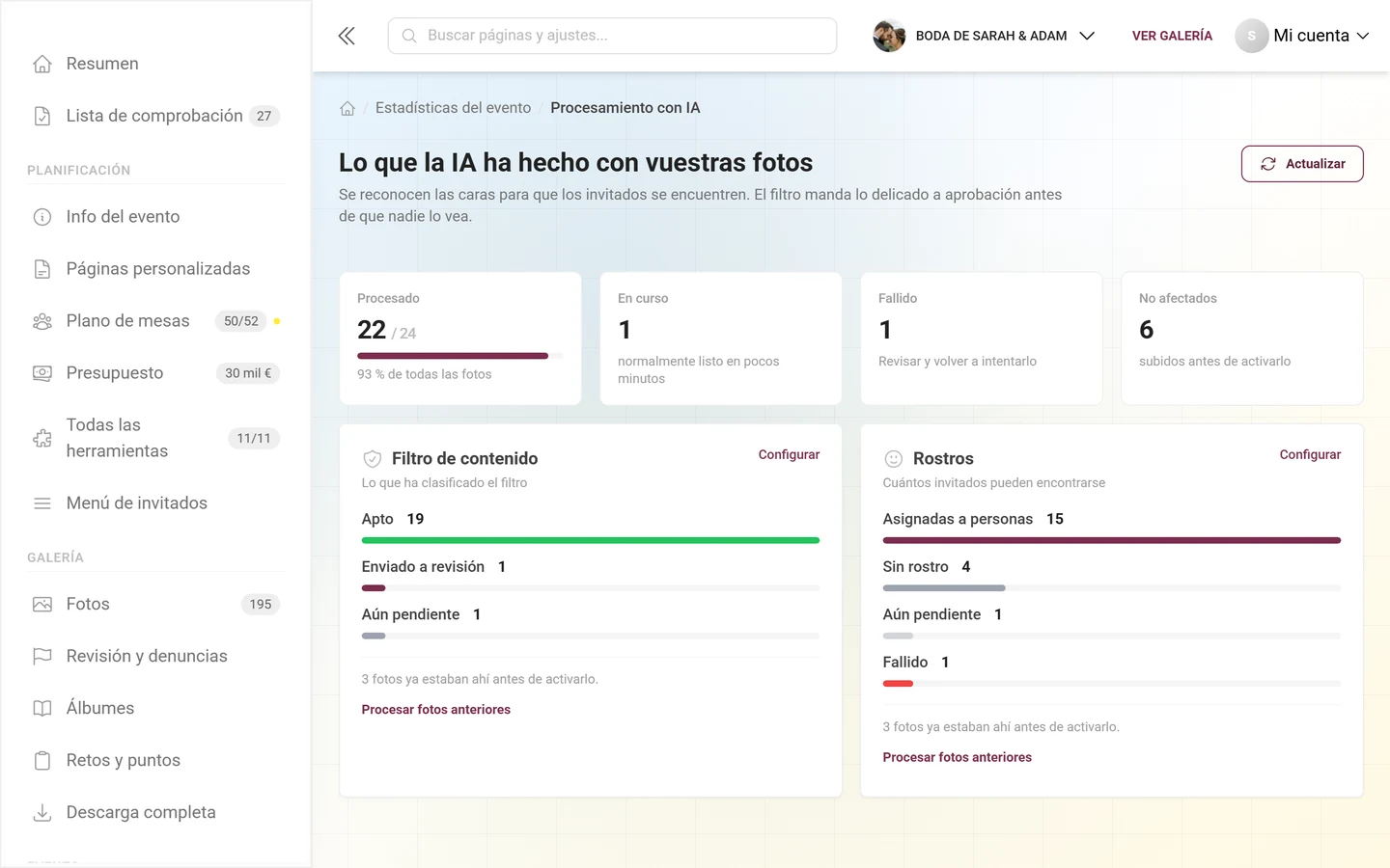 Página «Lo que la IA ha hecho con vuestras fotos» con cuatro indicadores y una tarjeta para el filtro de contenido y otra para los rostros
