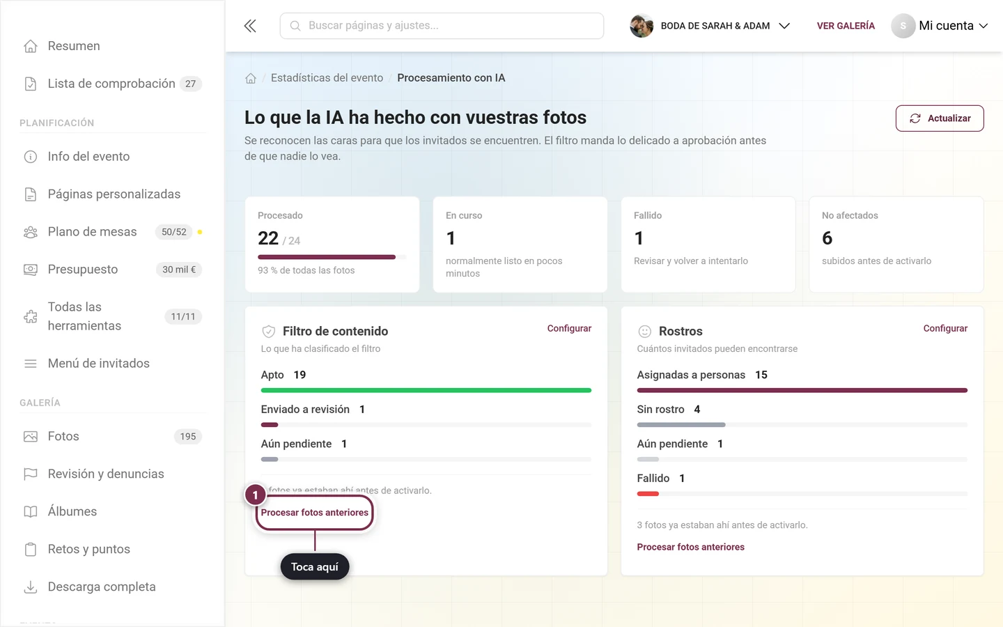 Tarjeta de función del procesamiento con IA con el botón Procesar fotos anteriores destacado