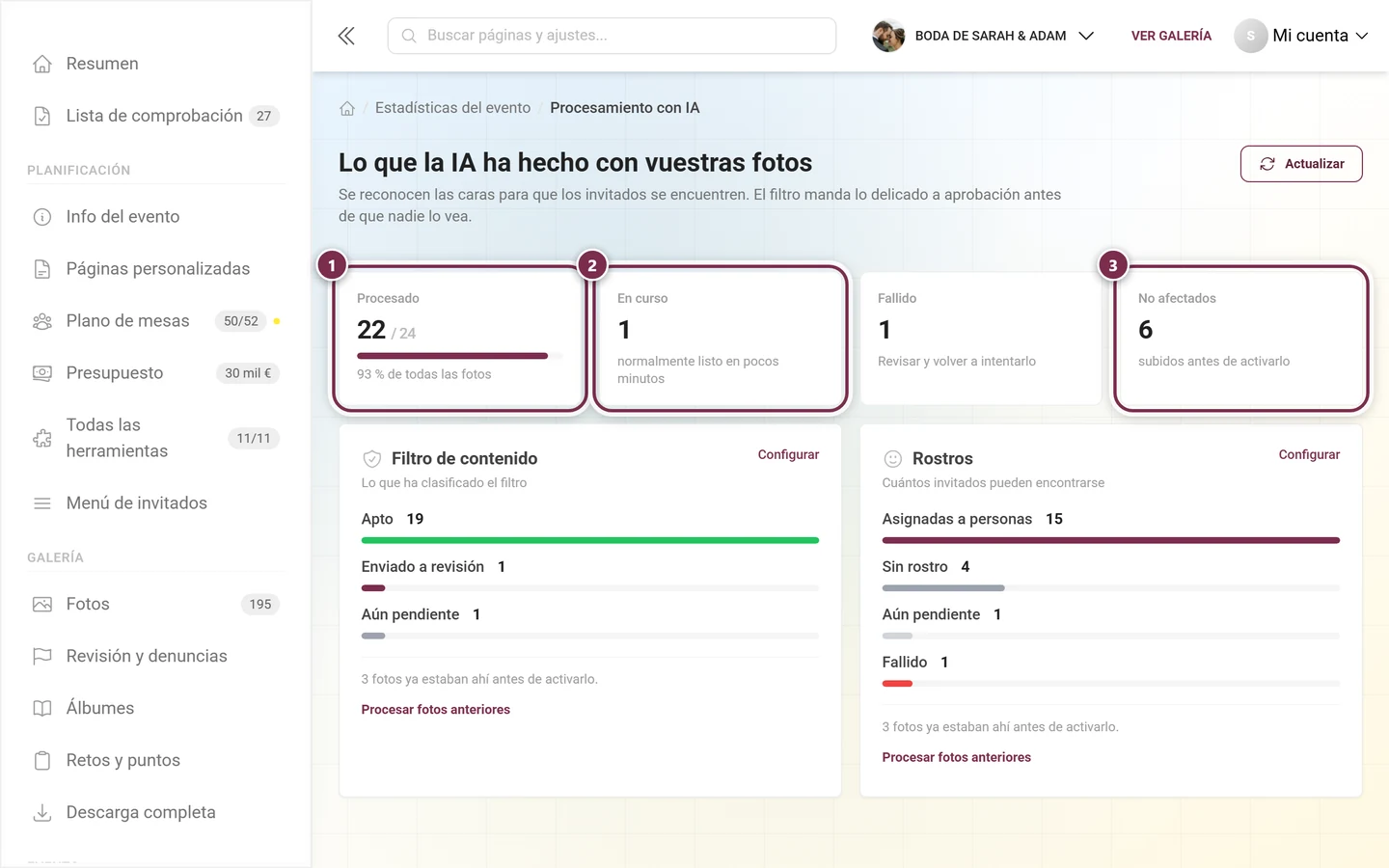 Fila de indicadores del procesamiento con IA con los indicadores Procesado, En curso y No afectados destacados