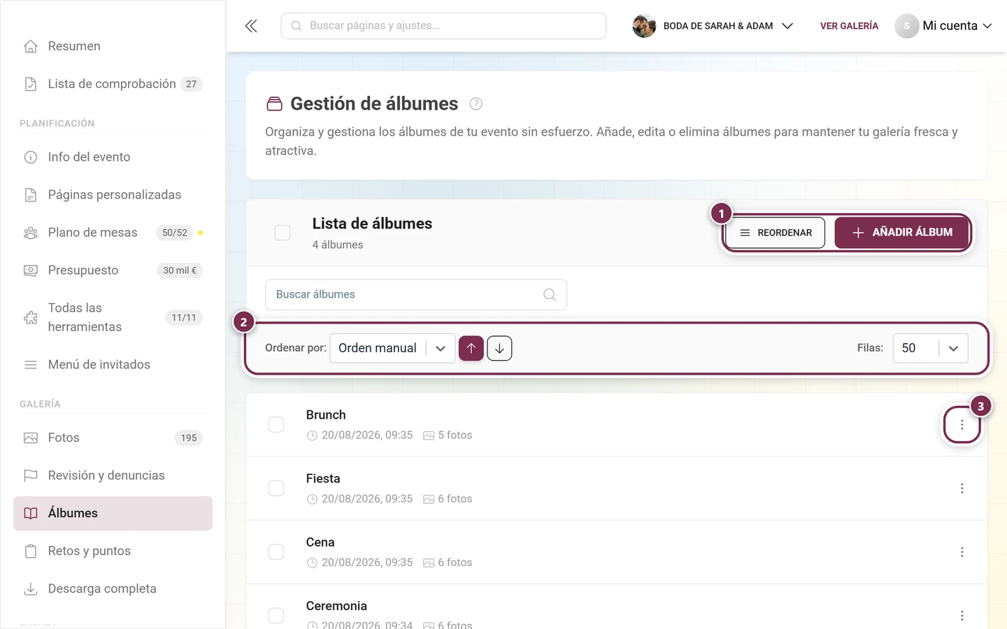 El gestor de álbumes con los álbumes creados