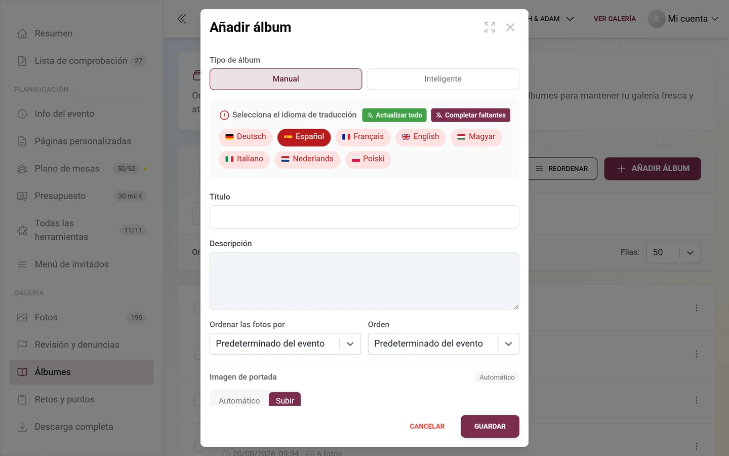 Diálogo para crear un álbum con tipo de álbum, título, descripción, orden de fotos e imagen de portada
