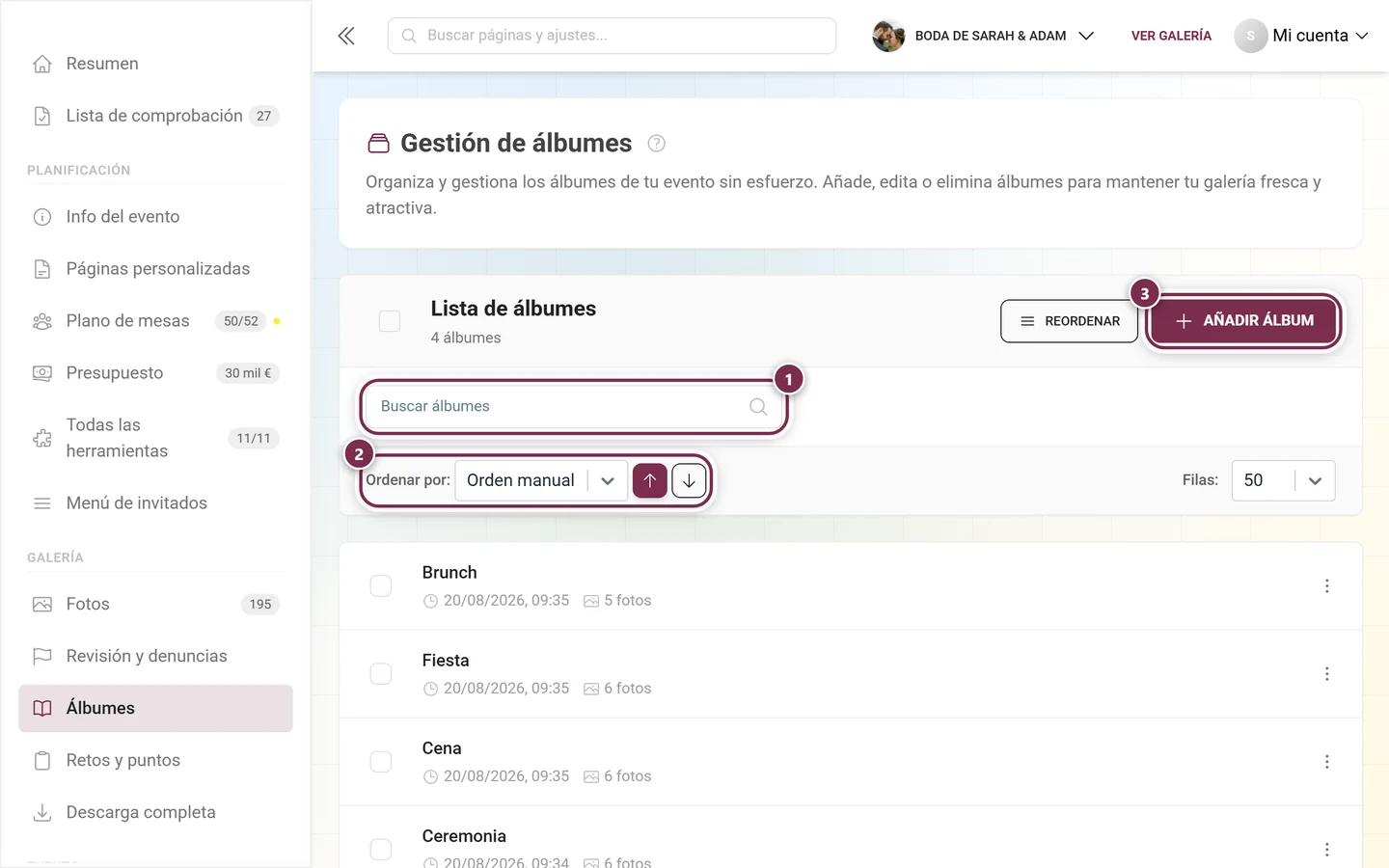 Cabecera de la gestión de álbumes con el campo de búsqueda, el orden y el botón Añadir álbum resaltados