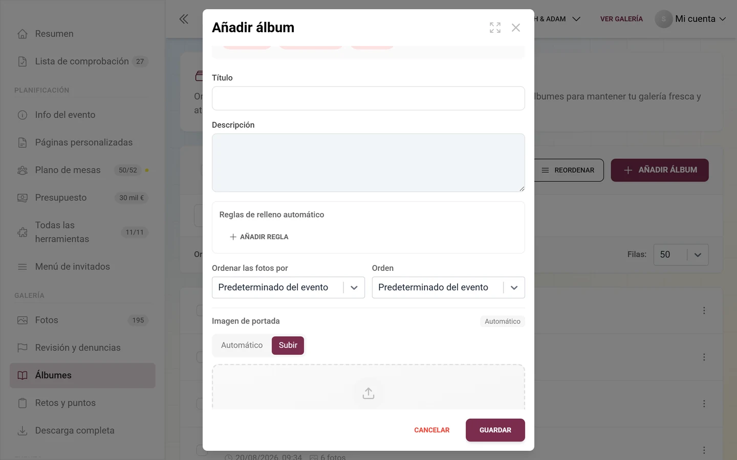 Diálogo de álbum con el bloque Reglas de relleno automático y el botón Añadir regla