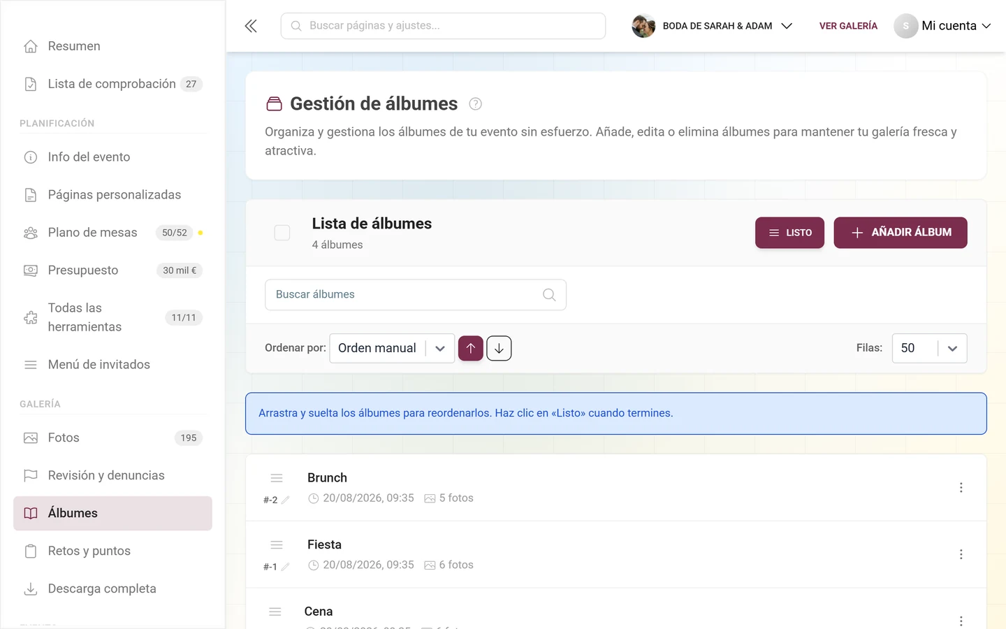 Gestión de álbumes en modo de reordenación con el aviso de arrastrar y soltar y el botón Listo