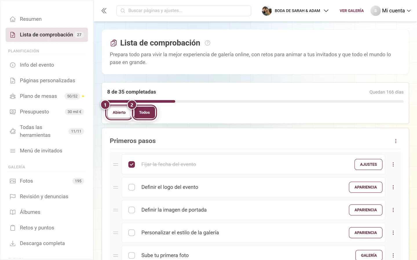 Cabecera de la vista completa de la lista de comprobación con los botones de filtro Pendiente y Todos marcados