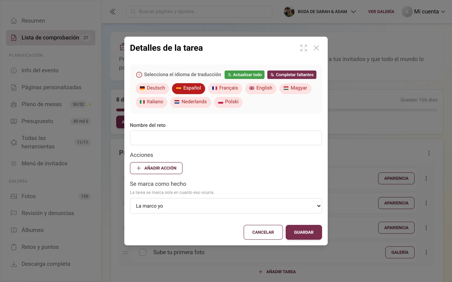 Diálogo Detalles de la tarea con selección de idioma, nombre de la tarea, Añadir acción y la selección «Se marca como hecho»