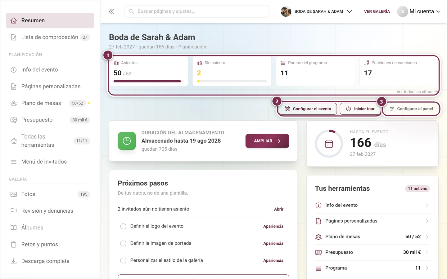 Panel de administración con los botones Configurar evento, Iniciar tour y Configurar el panel, además de la tarjeta Próximos pasos