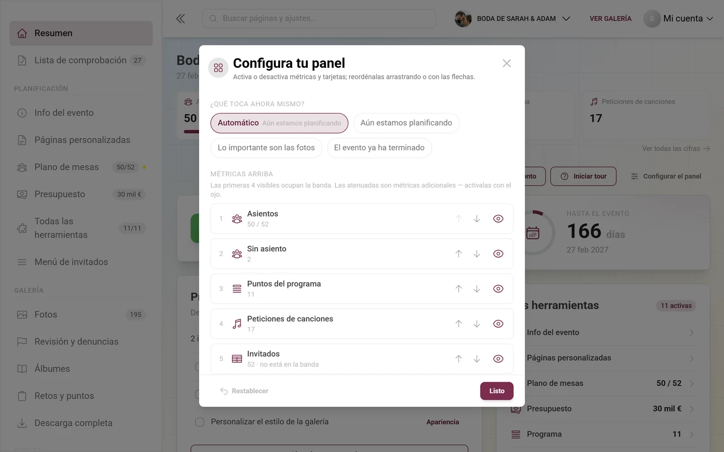 El diálogo Configurar el panel con las píldoras de fase, las cifras y la lista de tarjetas