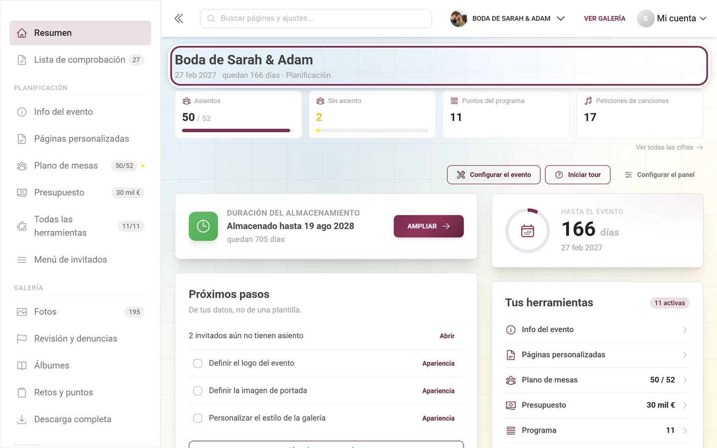 Cabecera del panel con el nombre del evento y la línea de fecha, tiempo restante y fase