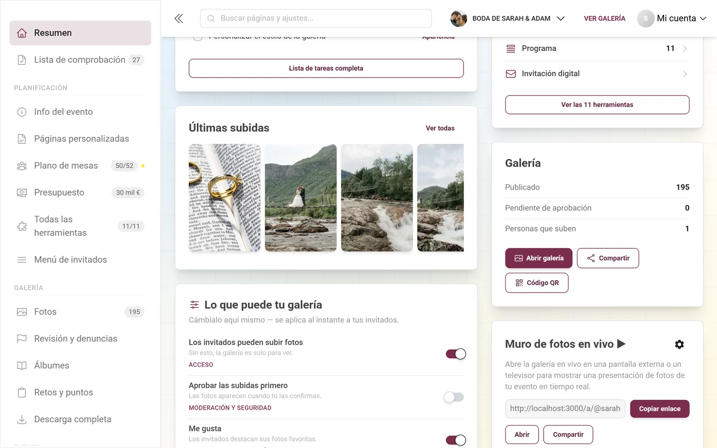La tarjeta «Galería» con las cifras y los botones Abrir galería, Compartir, Código QR