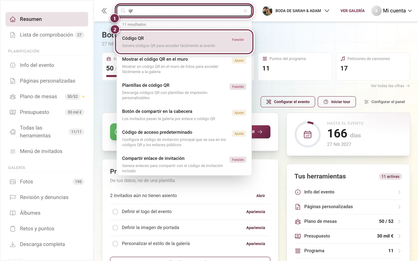 Búsqueda global en la cabecera de administración con una palabra escrita y la lista de resultados abierta