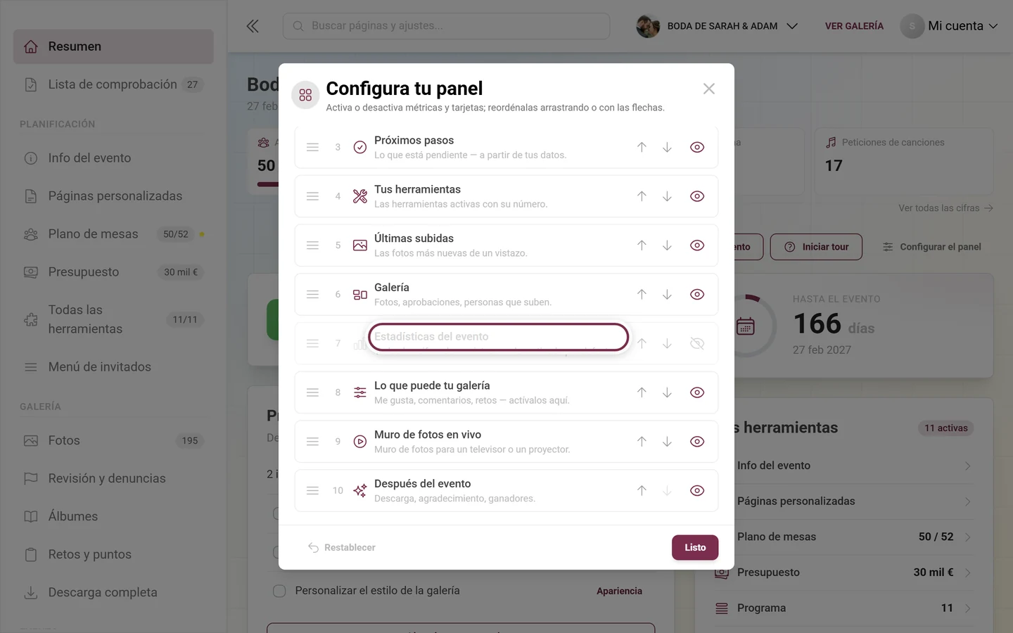 Diálogo Configurar el panel con la tarjeta Estadísticas del evento resaltada
