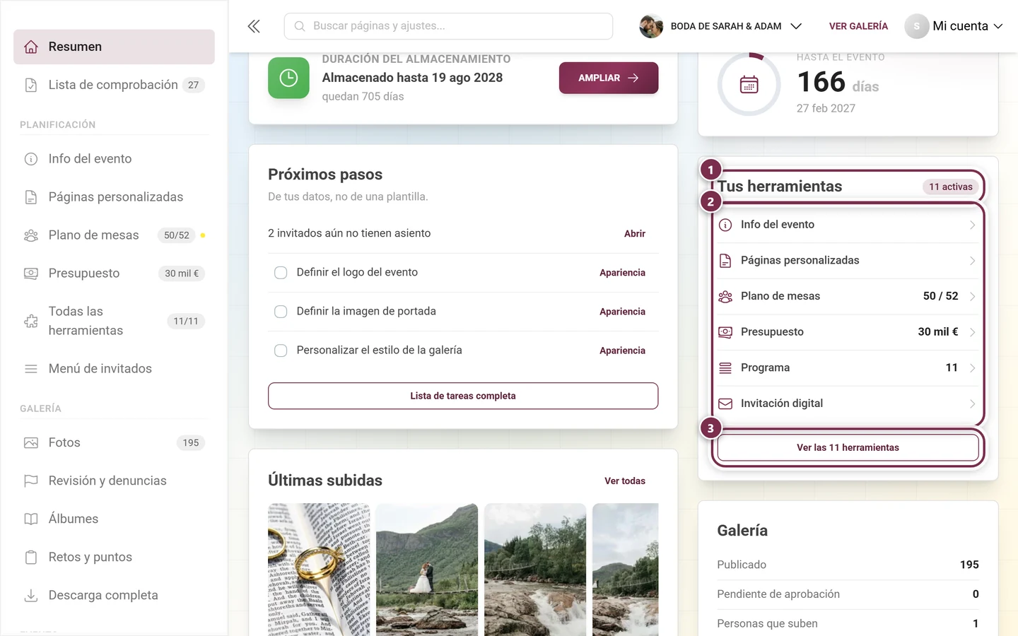 Tarjeta del panel Tus herramientas con las herramientas activas y sus cifras