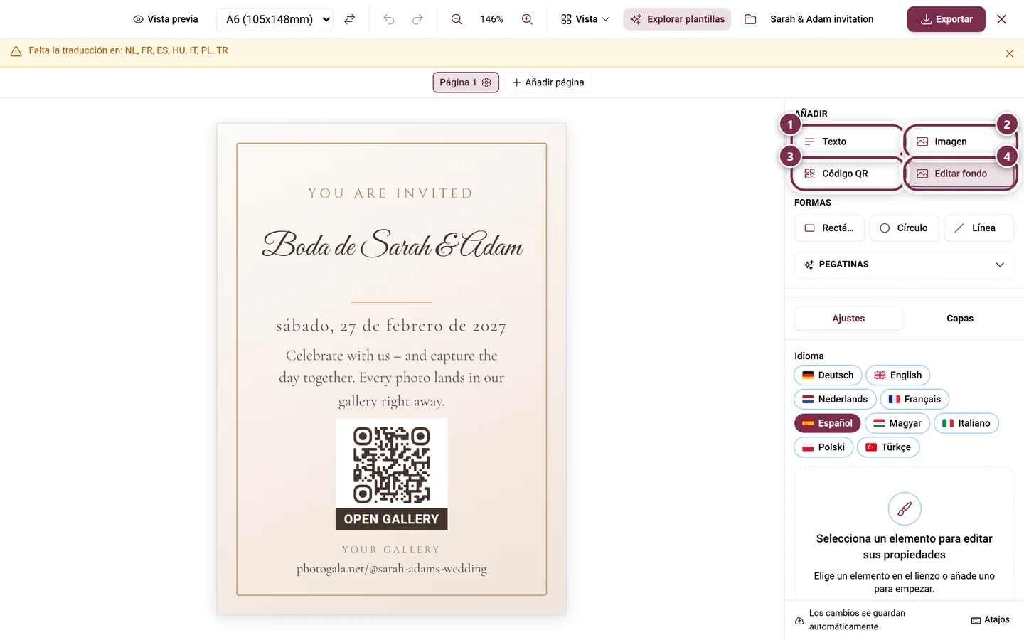 Apartado Añadir en la barra lateral derecha con los botones Texto, Imagen, Código QR y Fondo destacados