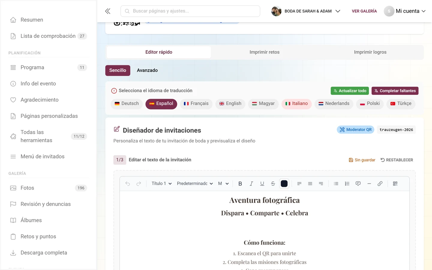 Editor rápido de plantillas con la barra de herramientas para añadir texto y diseñar la invitación