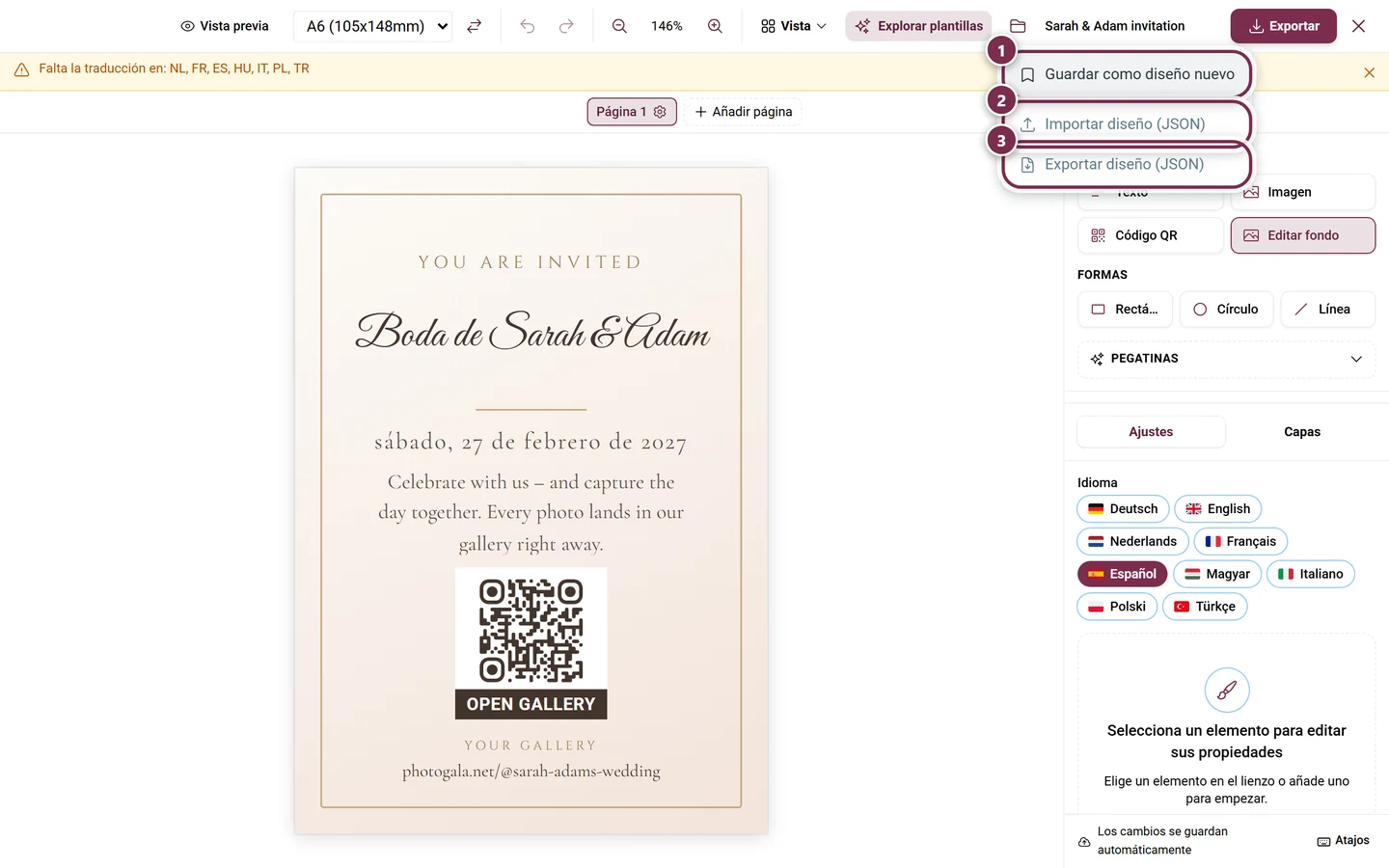 Menú Archivo abierto con Guardar como diseño nuevo, Importar diseño y Exportar diseño