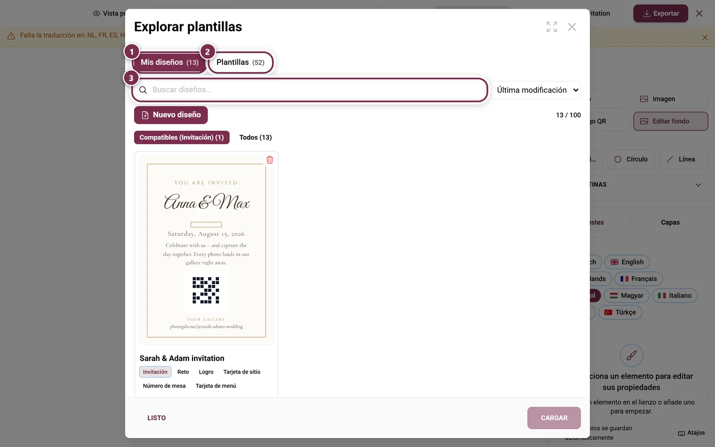 Explorador de diseños con los apartados Mis diseños y Plantillas