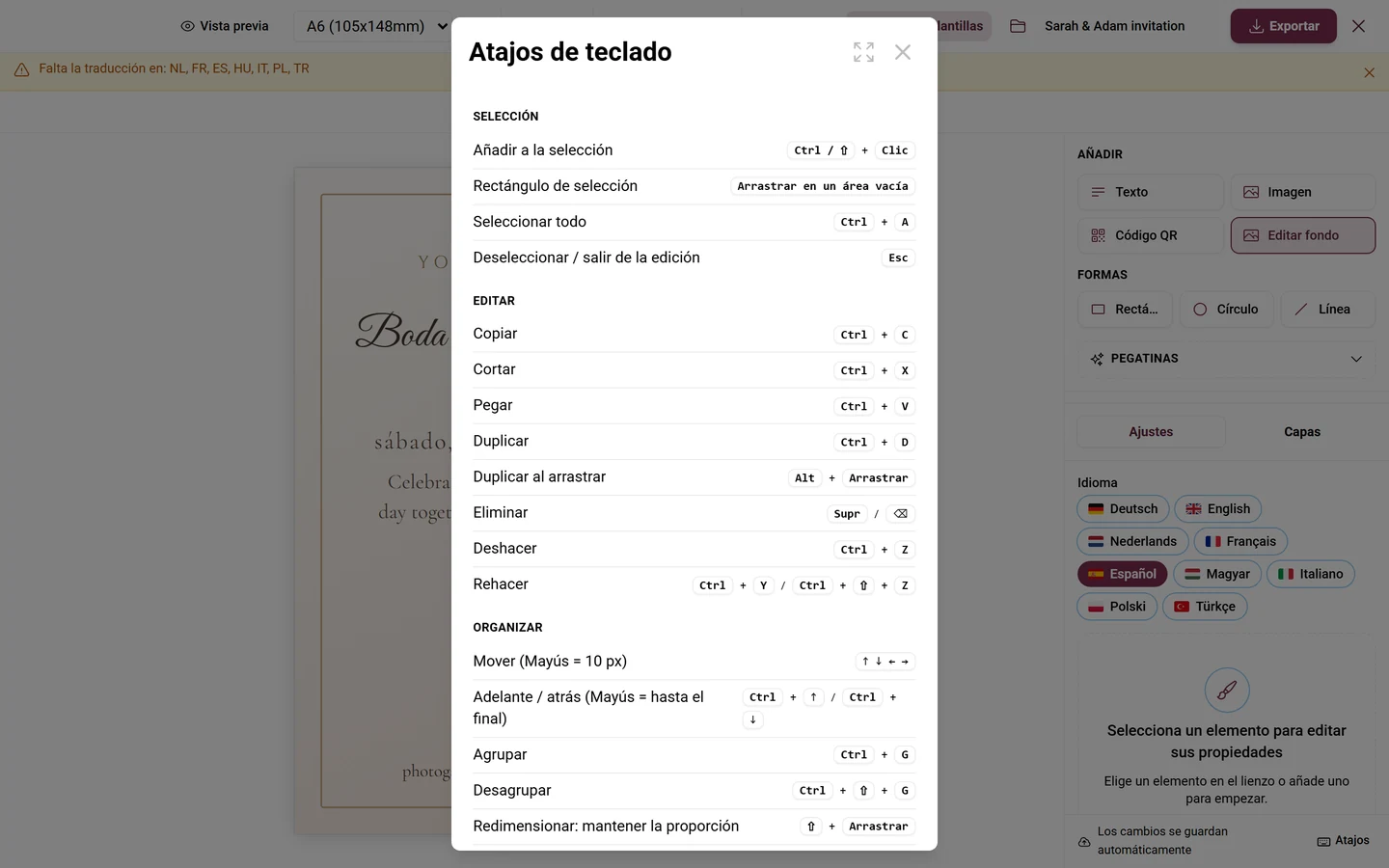 Cuadro de diálogo Atajos de teclado con los apartados Selección, Editar, Organizar, Vista y Transformar