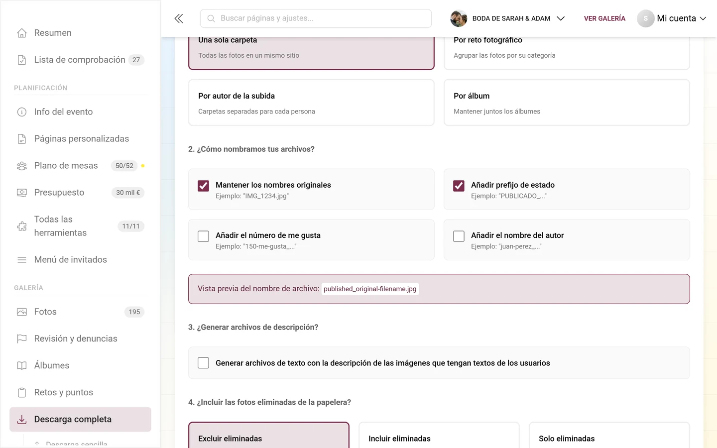 Paso 2 de la descarga avanzada con las cuatro casillas de nombres y la vista previa