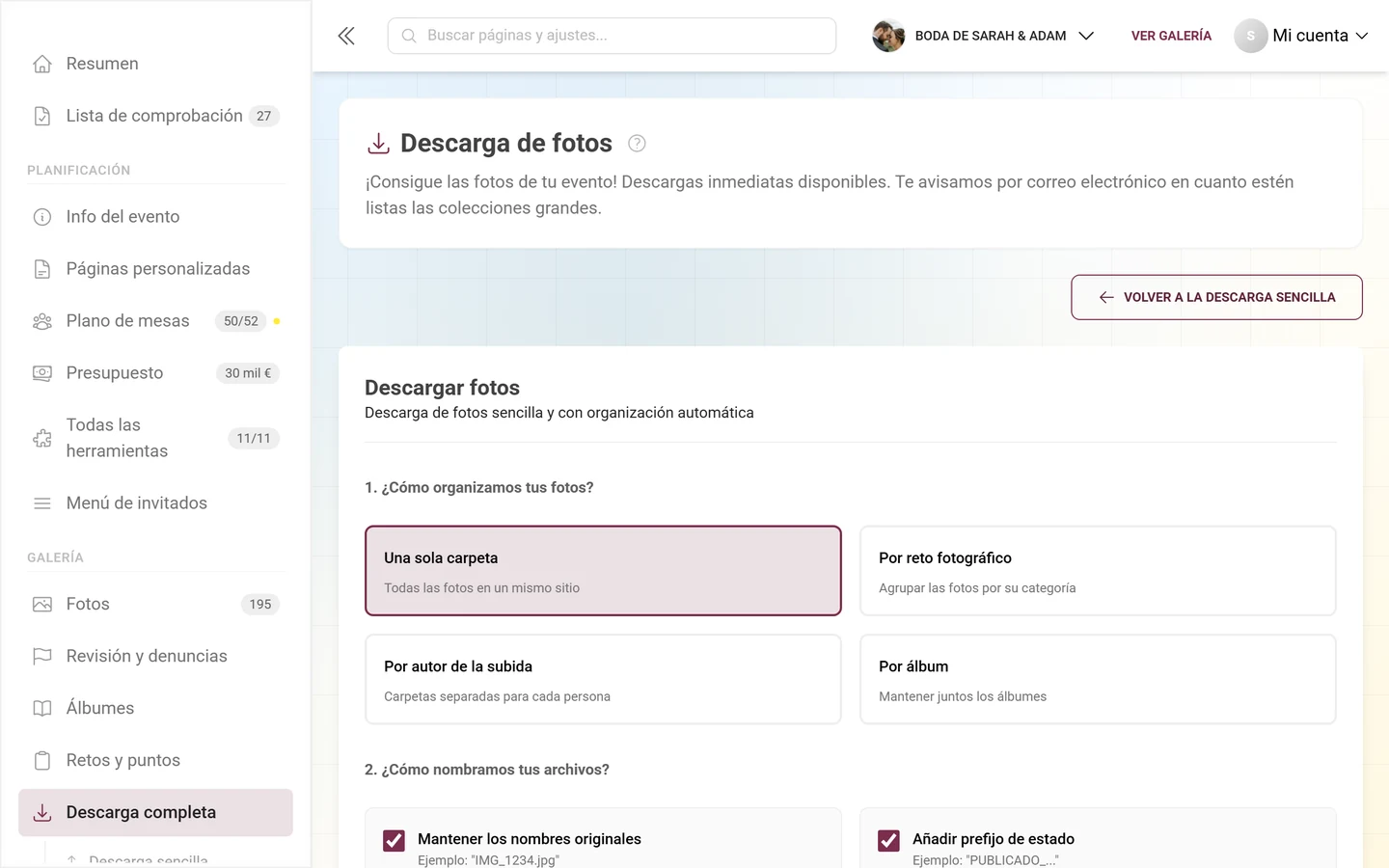Descarga avanzada con estructura de carpetas, filtros y selección para la exportación ZIP