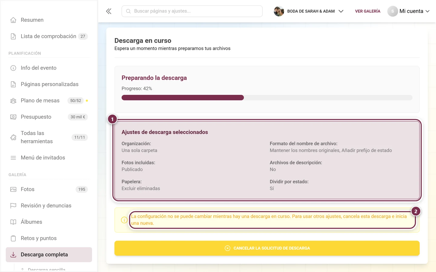 Resumen de los ajustes de descarga elegidos y el aviso amarillo de bloqueo, ambos marcados