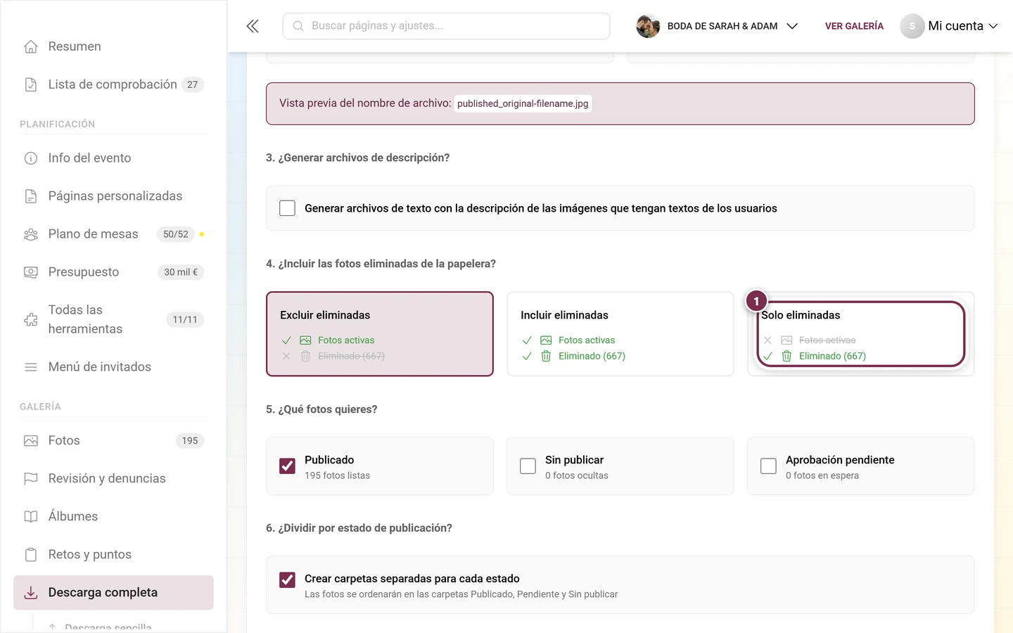 Tarjeta de selección Solo eliminadas en el cuarto paso de la descarga avanzada, marcada
