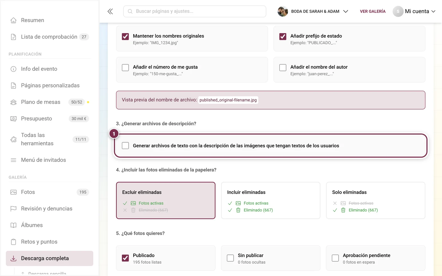 Paso 3 con la casilla para archivos de texto de descripción, marcada