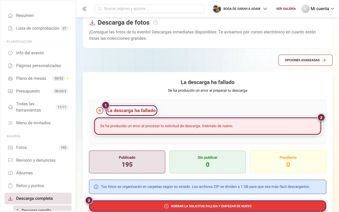 Pantalla de error con el título La descarga ha fallado, el mensaje de error y el botón rojo para reiniciar, todo marcado