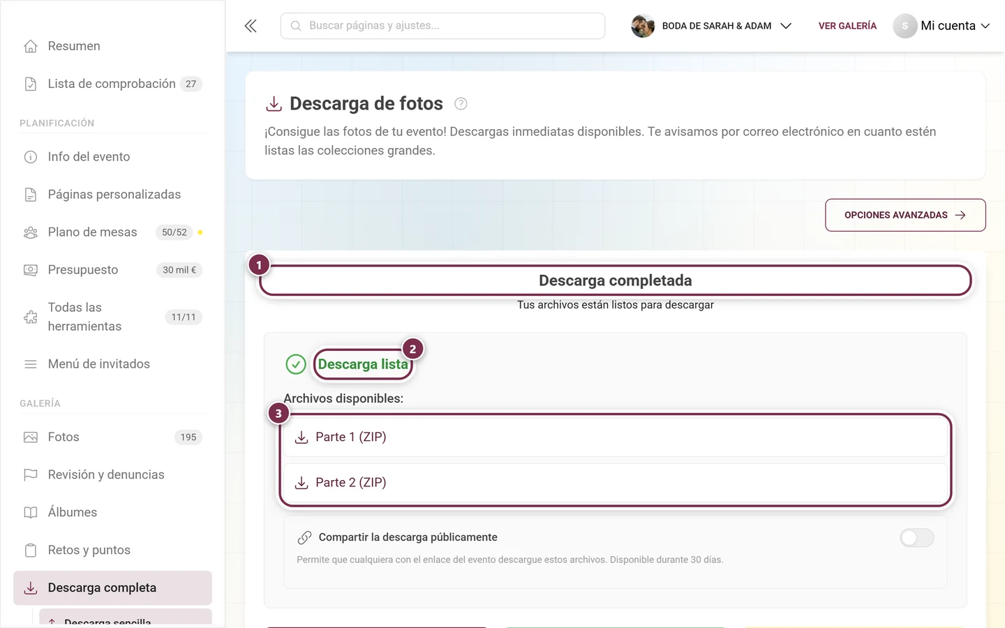 Pantalla de resultado con el título Descarga completada, el aviso verde Descarga lista y dos partes ZIP, todo marcado