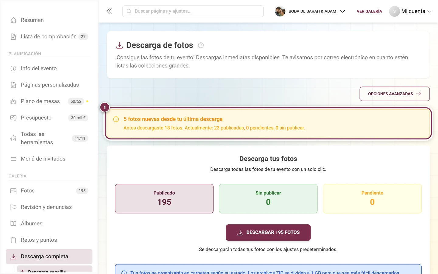 Banner amarillo con el aviso de fotos nuevas desde la última descarga, marcado