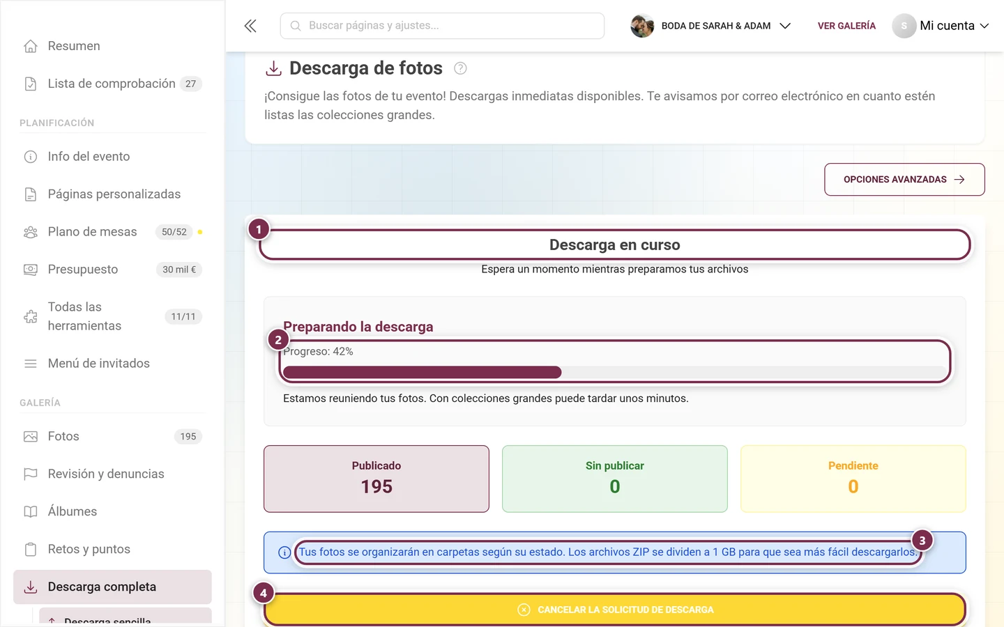 Pantalla de progreso de la descarga con barra, línea informativa y botón de cancelar, todo marcado