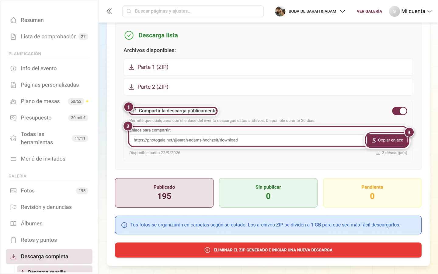 Sección para compartir con el interruptor activado, el campo del enlace y el botón de copiar, todo marcado