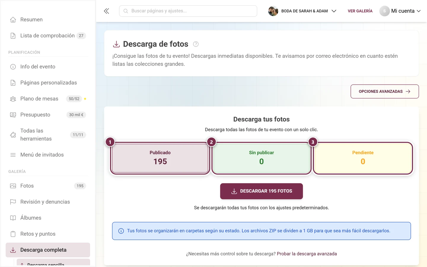 Las tres casillas de estadísticas de la descarga sencilla, las tres marcadas