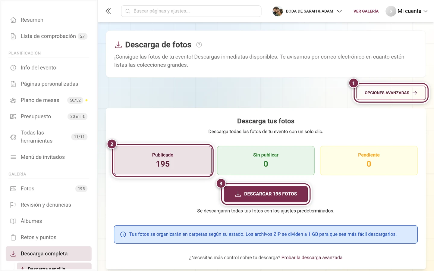 Página de descarga en el panel de administración, marcados el botón Opciones avanzadas, la casilla Publicado y el botón de descarga