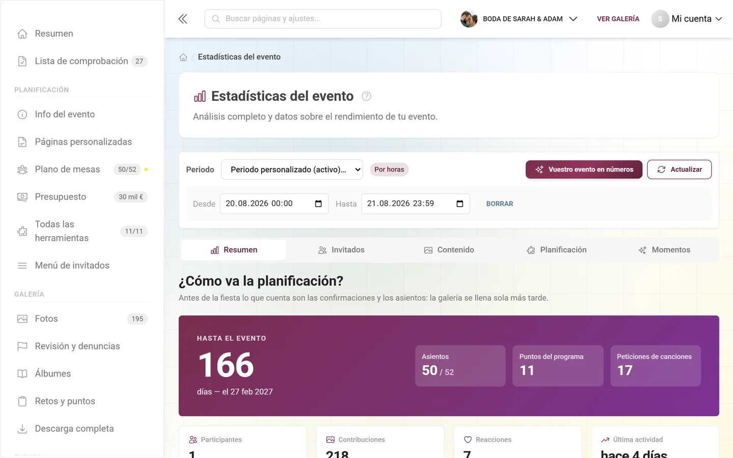 Barra de control de estadísticas con un periodo personalizado seleccionado y los campos Desde y Hasta