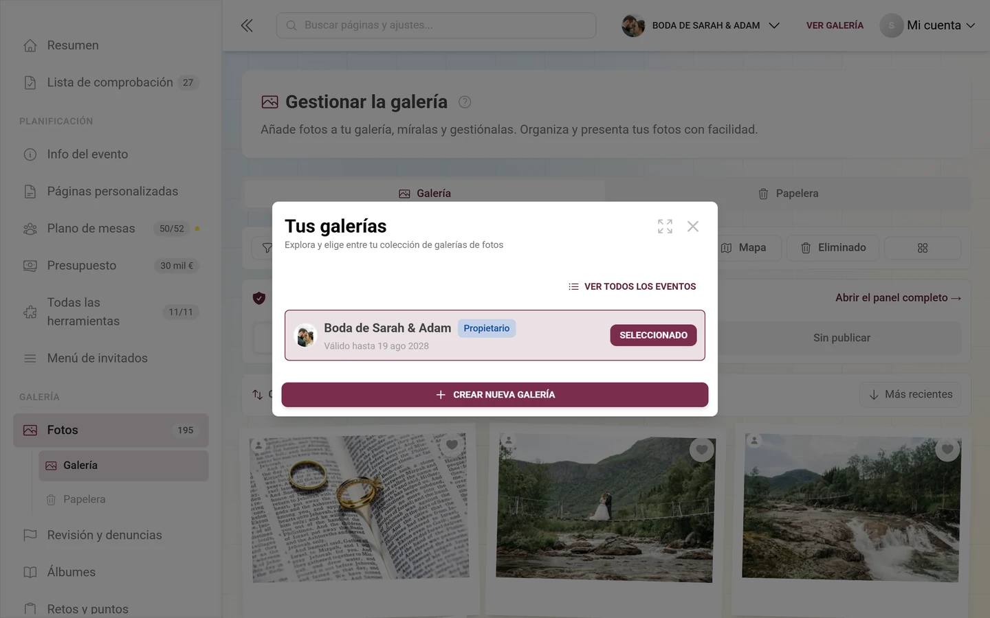 Diálogo Tus galerías con una galería, la insignia de rol Propietario y el botón Crear nueva galería