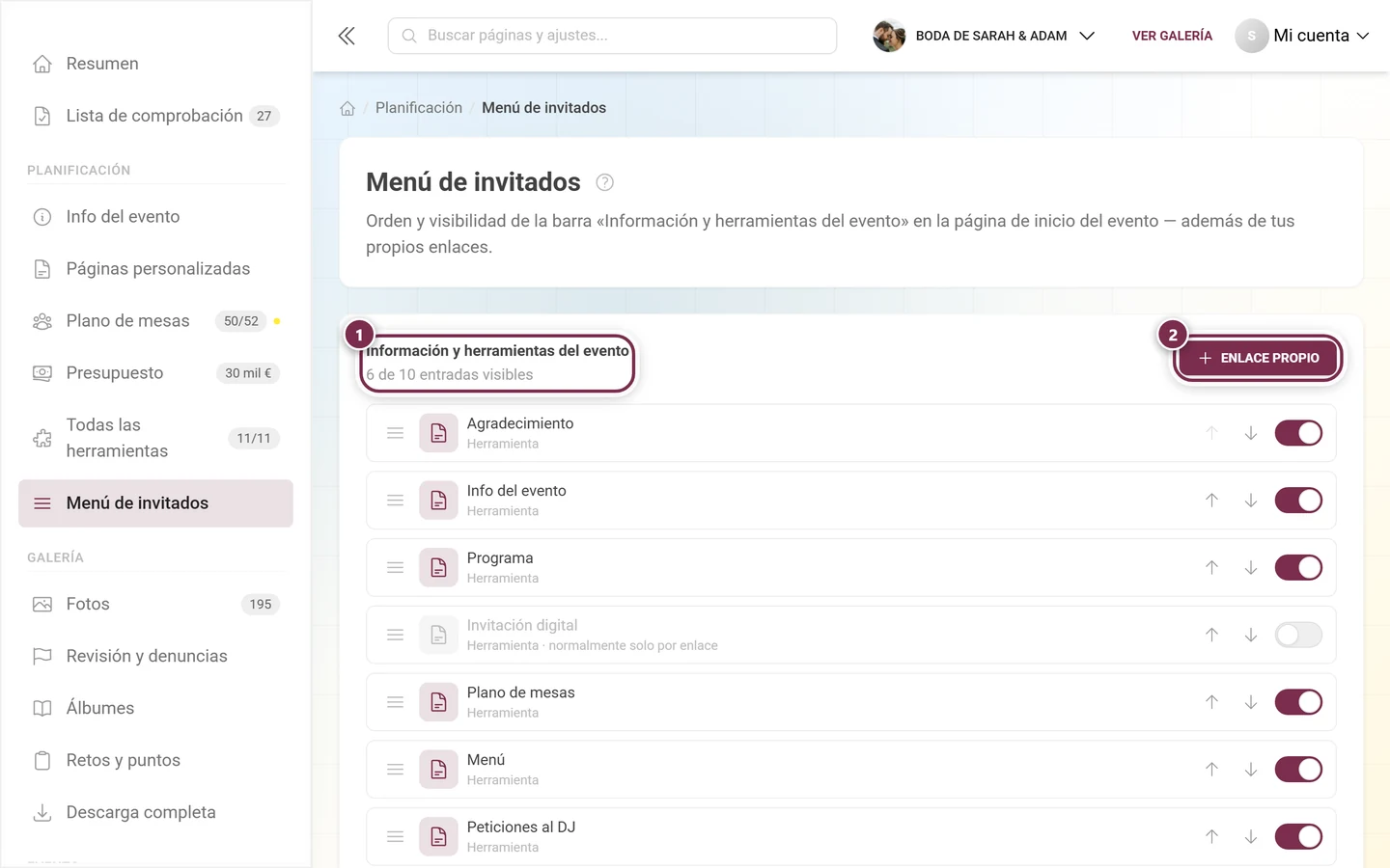 Editor del menú de invitados con título, contador, el botón Enlace propio y la lista ordenable