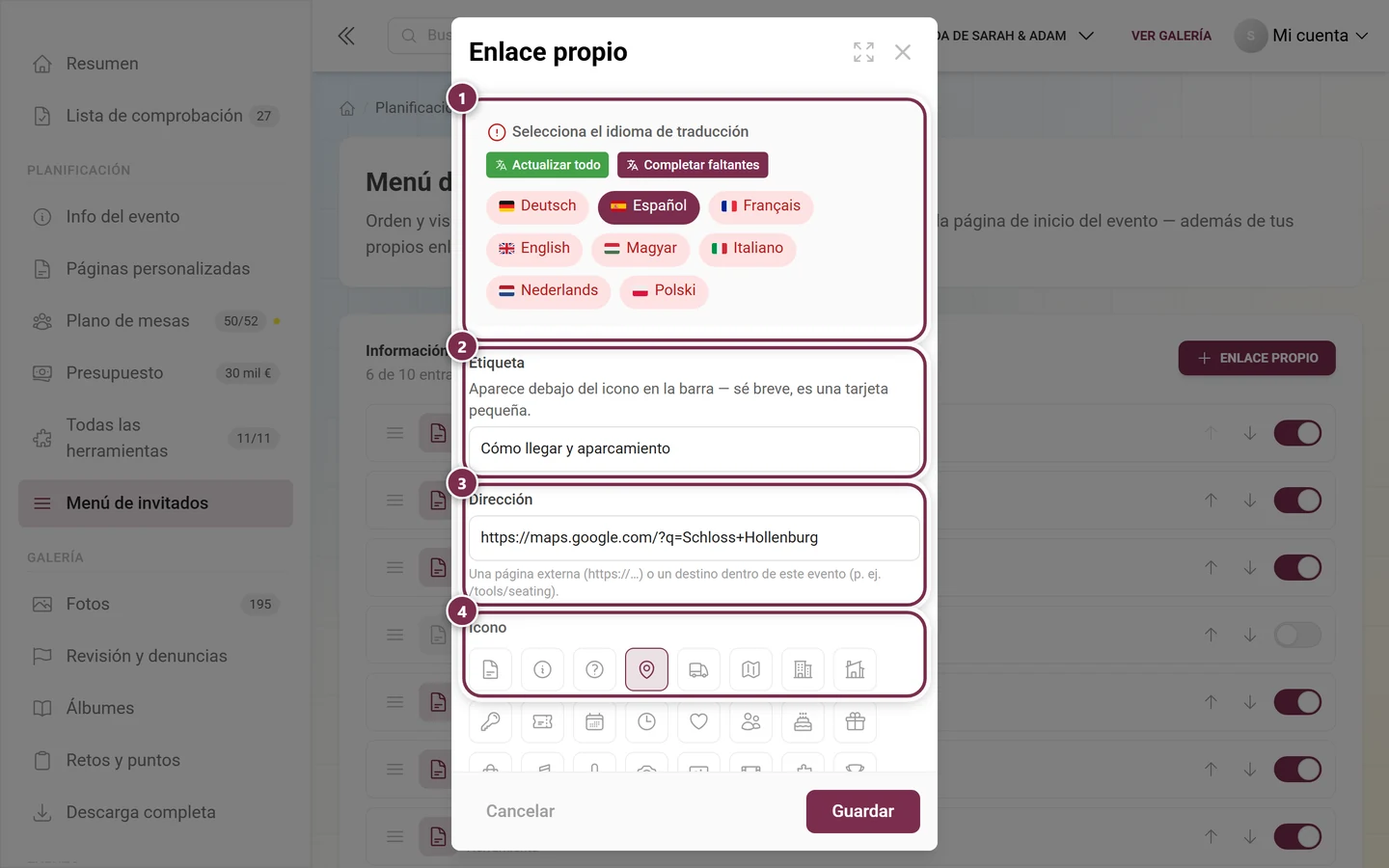Cuadro de diálogo Enlace propio con idioma de traducción, etiqueta, dirección y selector de símbolo