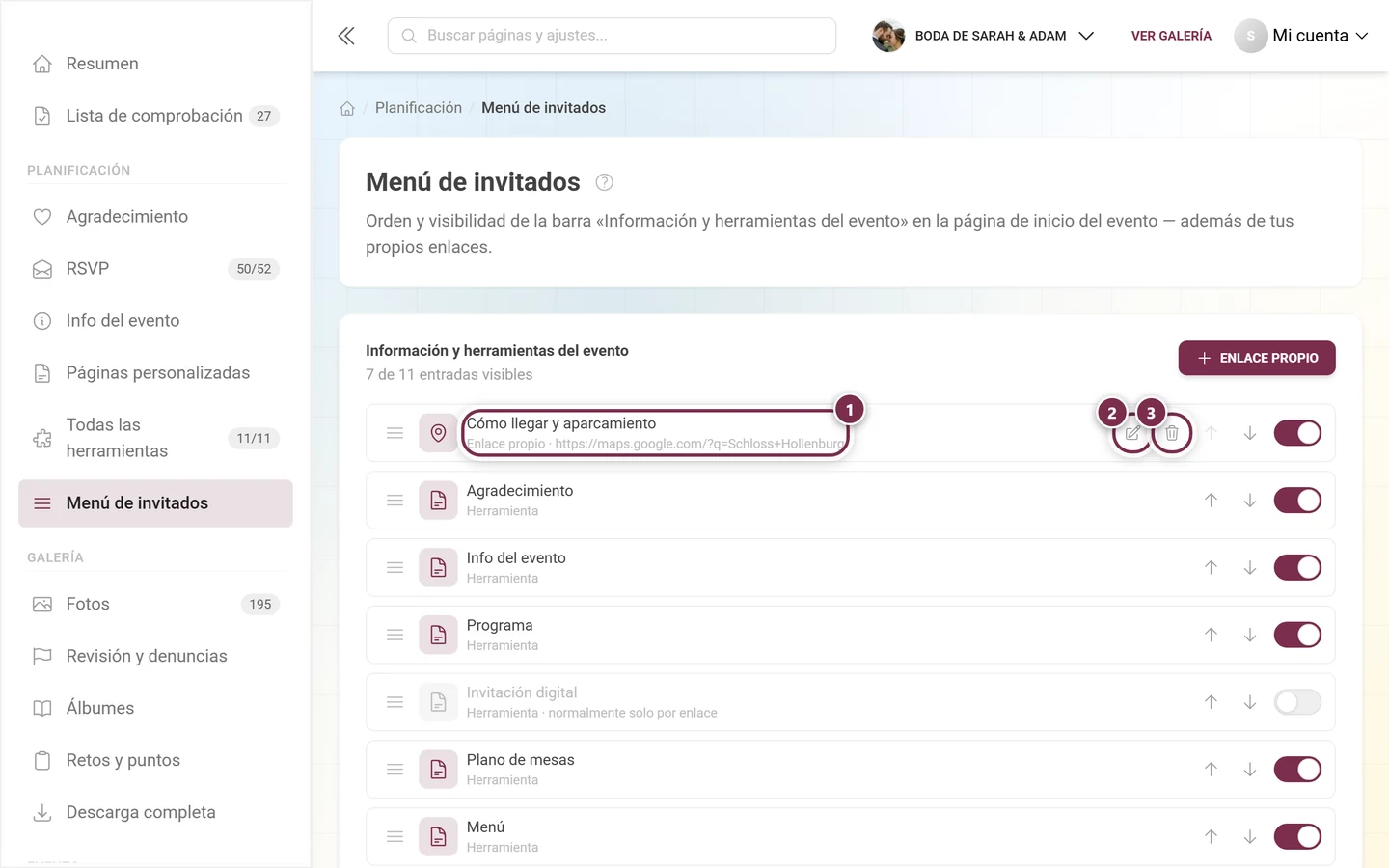 Fila de un enlace propio con su dirección, el lápiz y la papelera