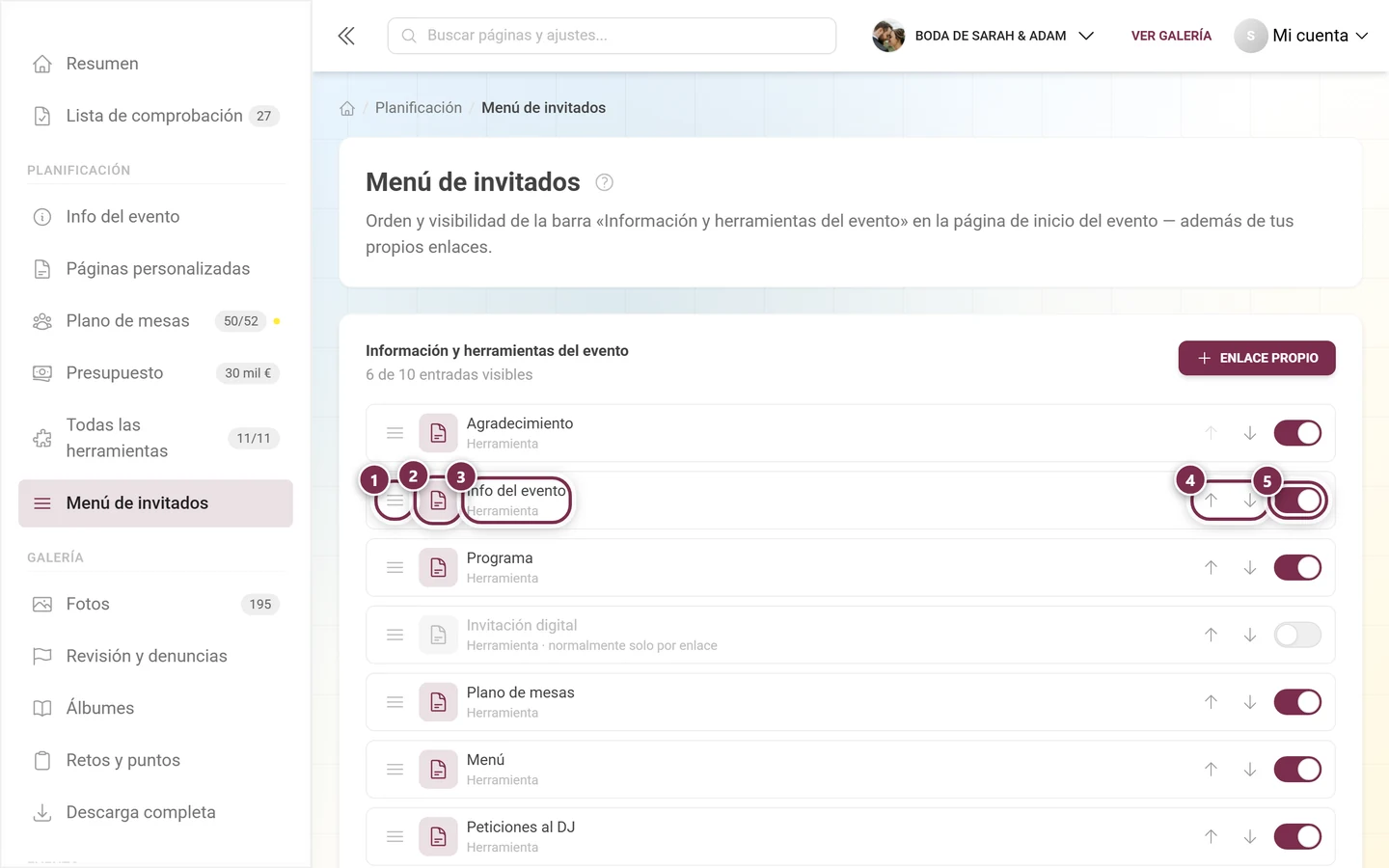 Una fila del menú de invitados con asa, símbolo, etiqueta, flechas e interruptor