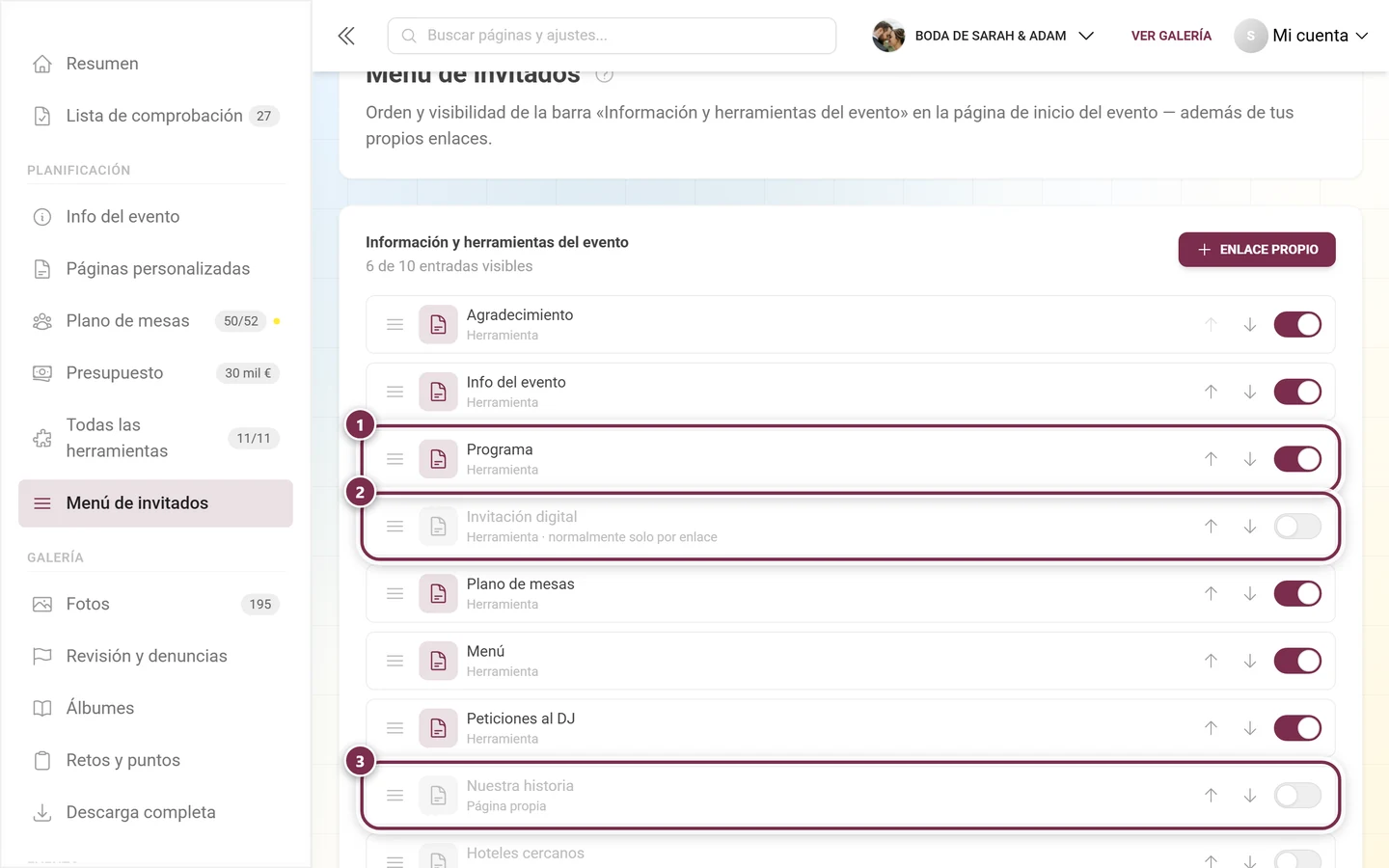 Tres filas del menú de invitados con los tipos Herramienta, herramienta solo por enlace y Página propia