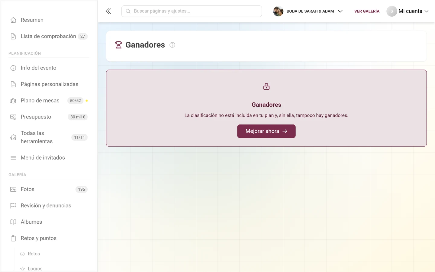 Página de ganadores bloqueada con un icono de candado y el botón Mejorar ahora