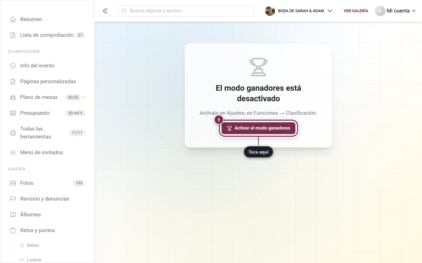 Aviso El modo ganadores está desactivado con el botón Activar el modo ganadores