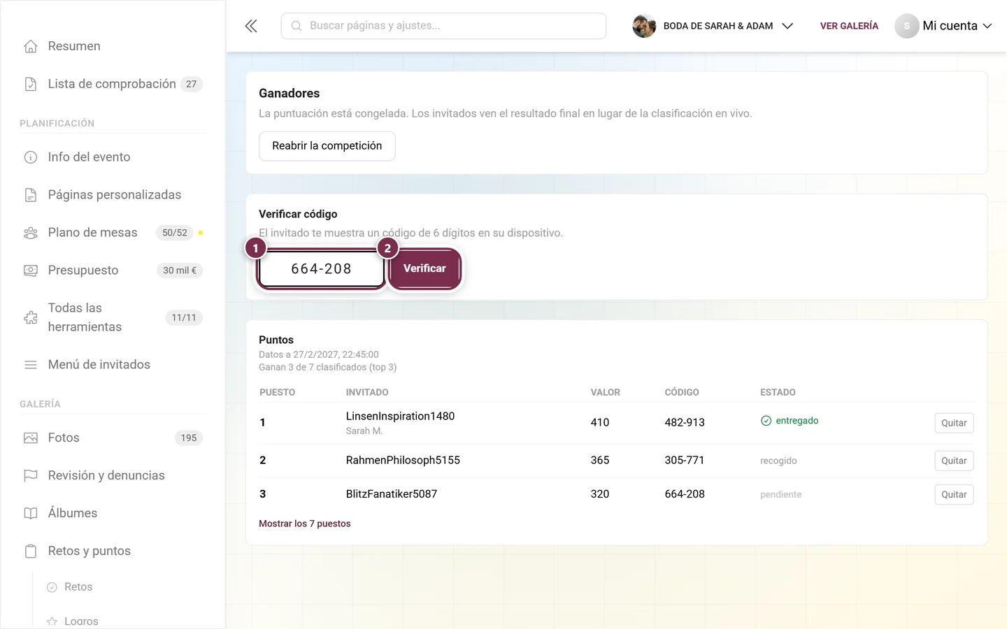 El campo Verificar código con el código introducido y el botón Verificar