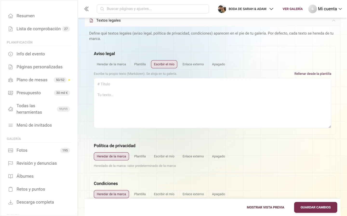 Tarjeta de aviso legal en modo Escribir el mío con un campo de texto Markdown grande