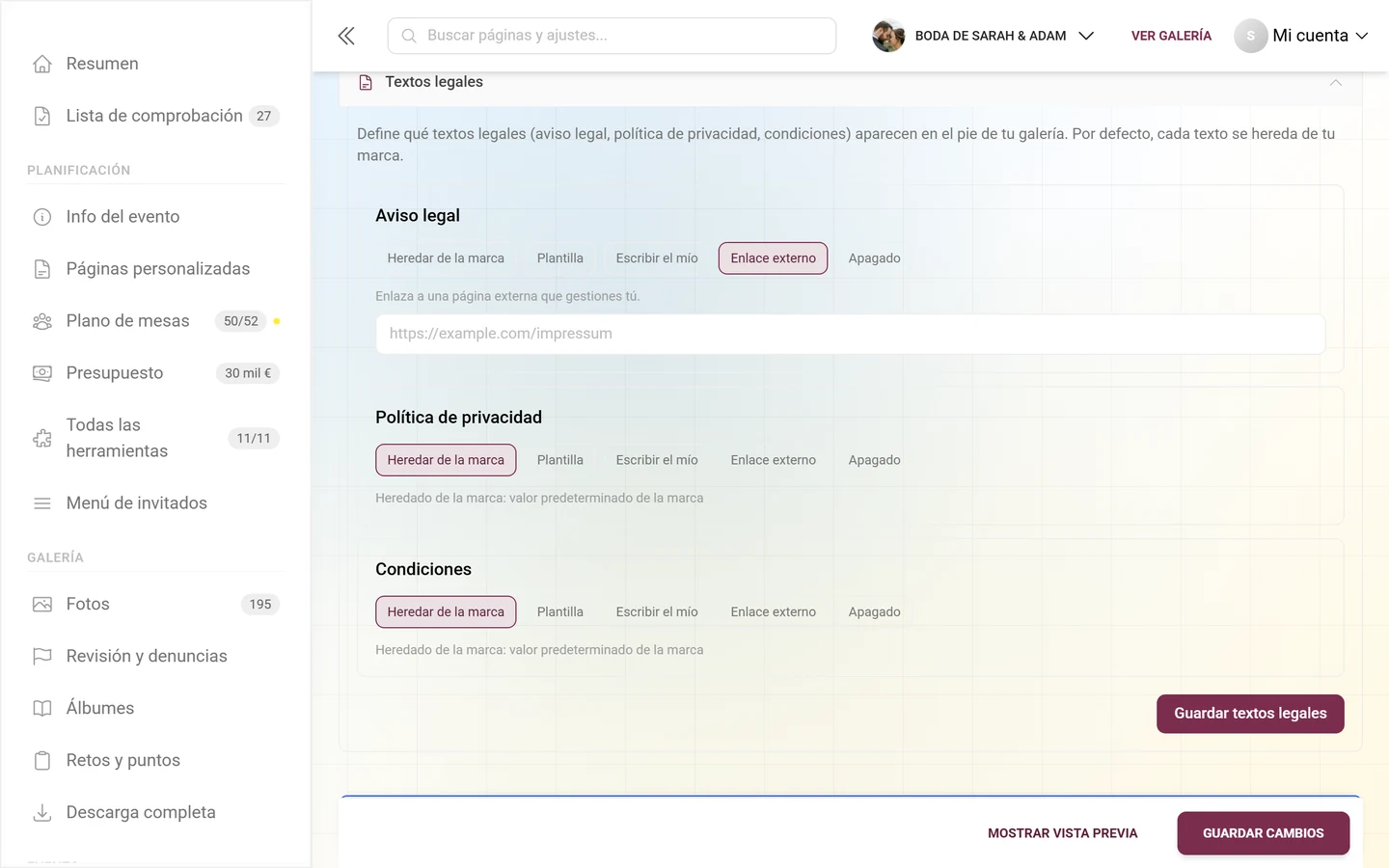 Tarjeta de aviso legal en modo Enlace externo con el campo de URL
