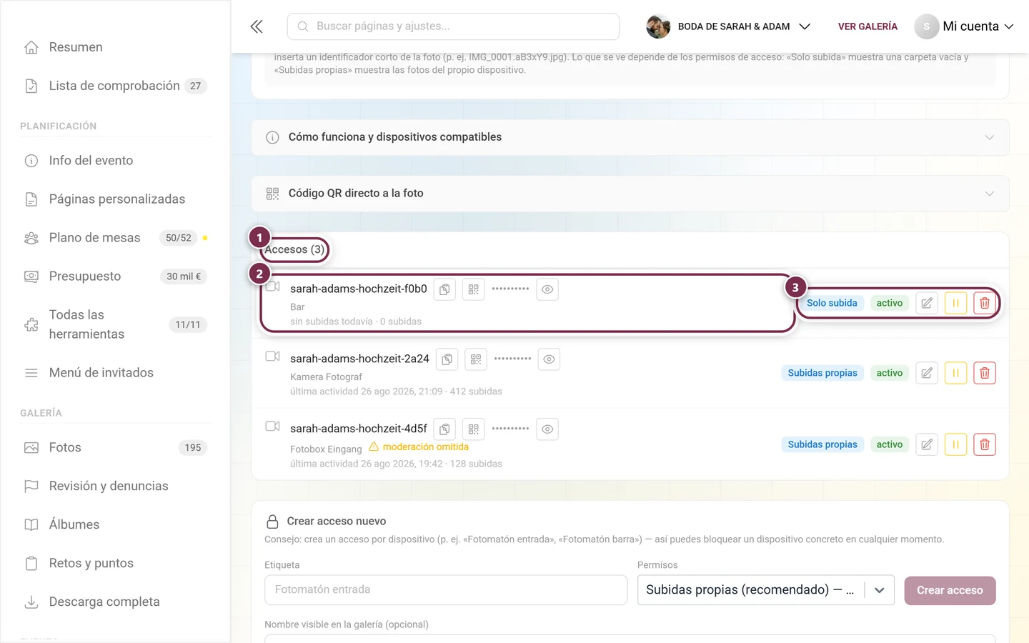 Lista de los accesos creados con el título marcado y una fila marcada