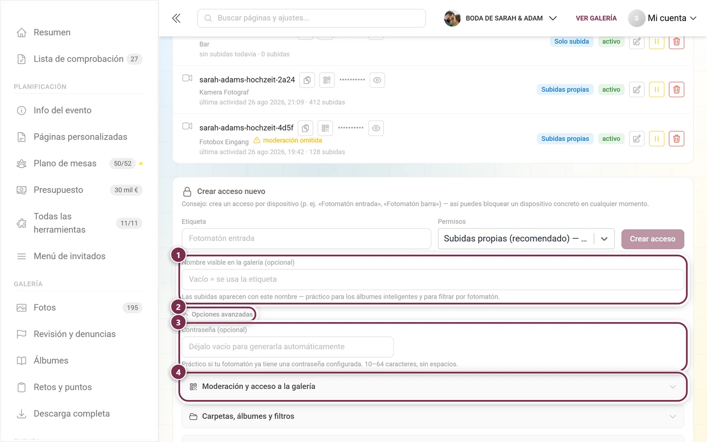 Formulario para un acceso nuevo con el nombre visible marcado, el desplegable Opciones avanzadas, el campo de contraseña y el primer grupo de opciones